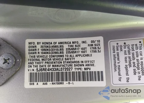 2010 Honda Cr-V Lx из США, поврежденный, VIN 5J6RE4H33AL072027